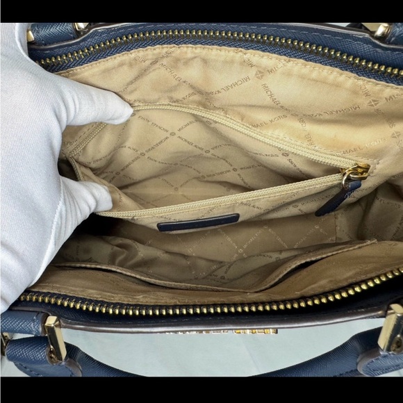 Michael Kors Navy MK Logo Satchel with Gold-Tone Hardware - Picture 11 of 14